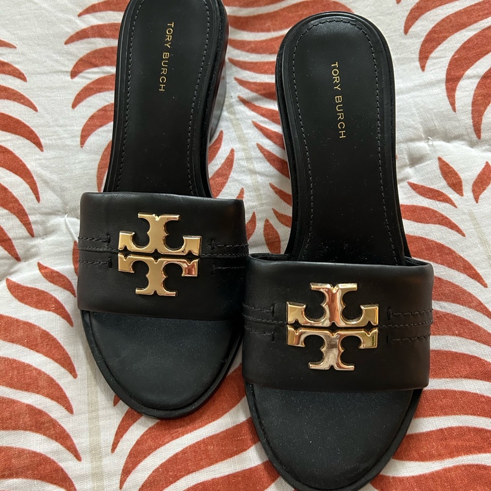 Tory Burch Black and Gold Slide Sandals
